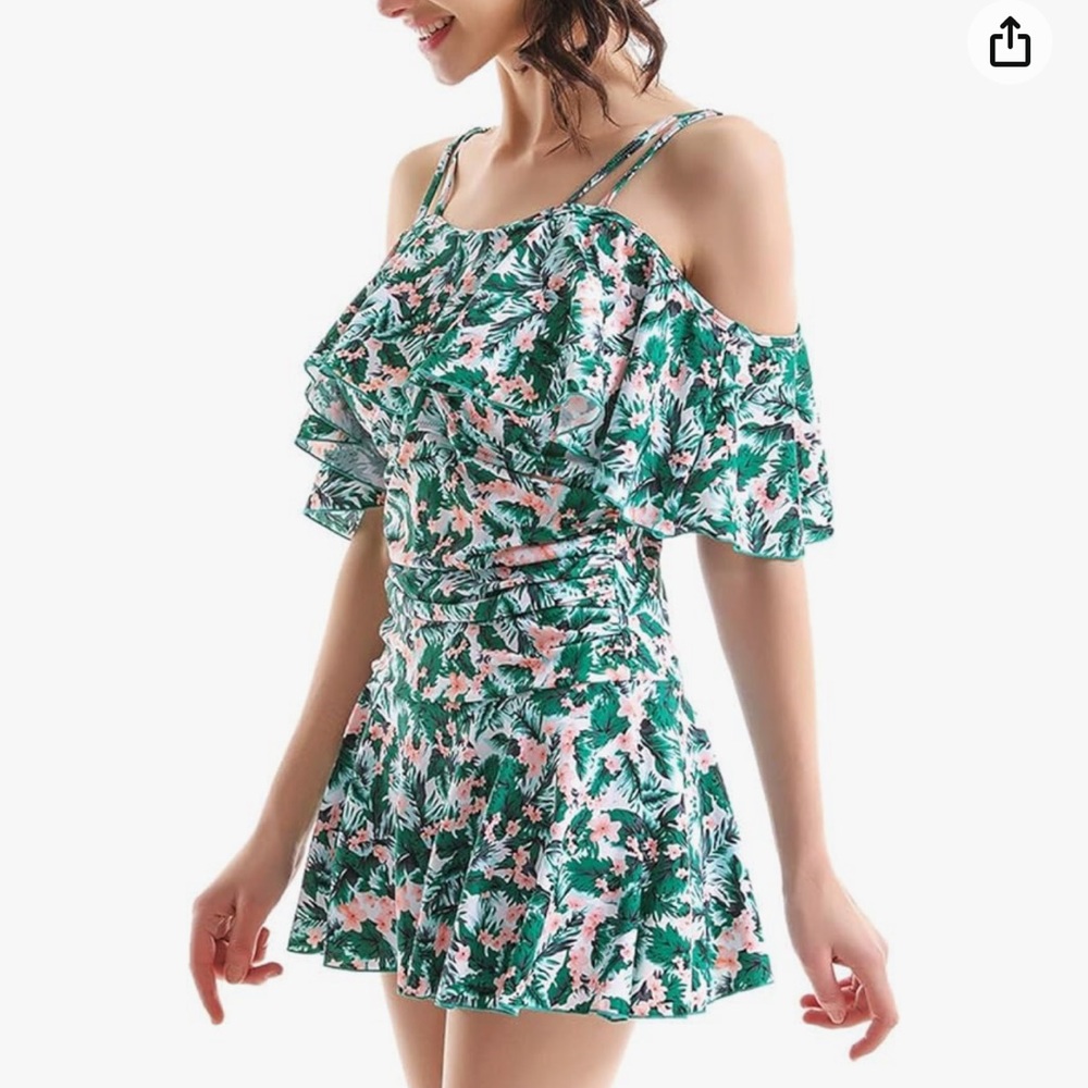 Cocopear Flounce Sleeve Swimsuit Tummy Control Swim Dress